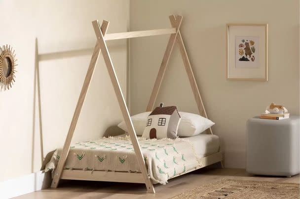 An A-frame-style toddler bed