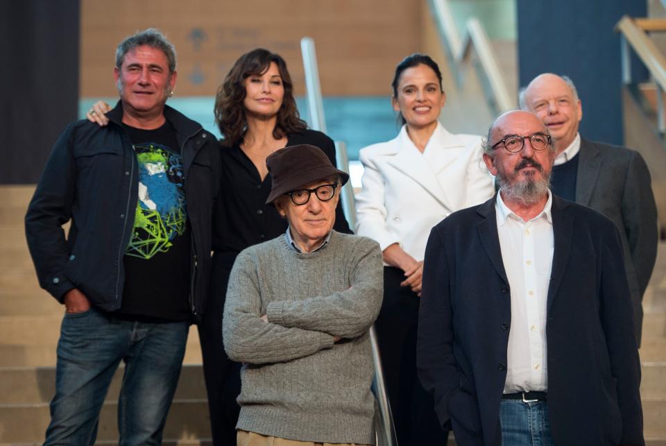US director Woody Allen (front L) and Mediapro chief executive officer Jaume Roures (frint R) pose with (back L-R) Spanish actor Sergi Lopez, US actress Gina Gershon, Spanish actress Elena Anaya and US actor Wallace Shawn pose during a photocall in the northern Spanish Basque city of San Sebastian, where he will start shooting his yet-untitled next film, on July 9, 2019. (Photo by ANDER GILLENEA / AFP)        (Photo credit should read ANDER GILLENEA/AFP via Getty Images)