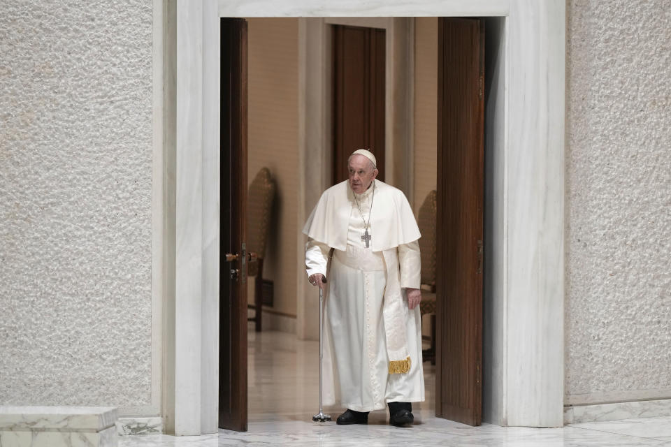 Pope Francis arrives for his weekly general audience in the Pope Paul VI hall at the Vatican, Wednesday, Jan. 4, 2023. (AP Photo/Andrew Medichini)