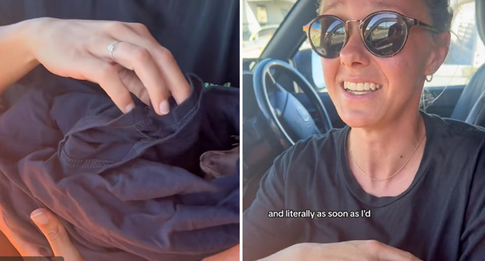 A photo of a joey in a T-shirt being held by a woman. Another photo of the woman.