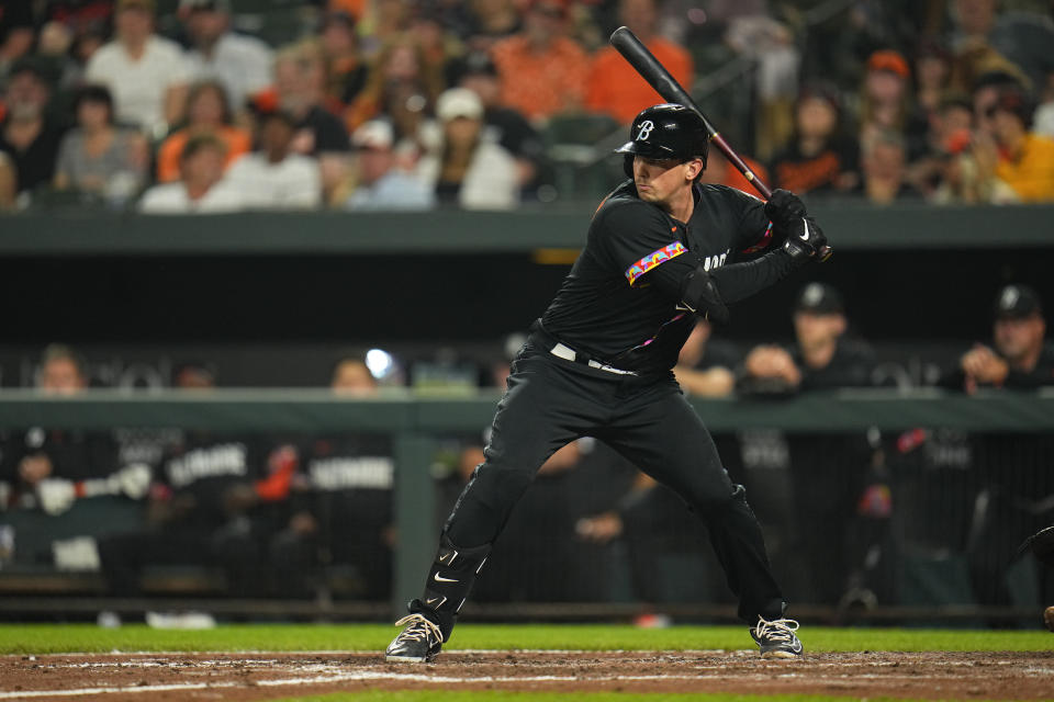 Baltimore Orioles' Adley Rutschman during an at bat against the Minnesota Twins in the sixth inning of a baseball game, Friday, June 30, 2023, in Baltimore. (AP Photo/Julio Cortez)