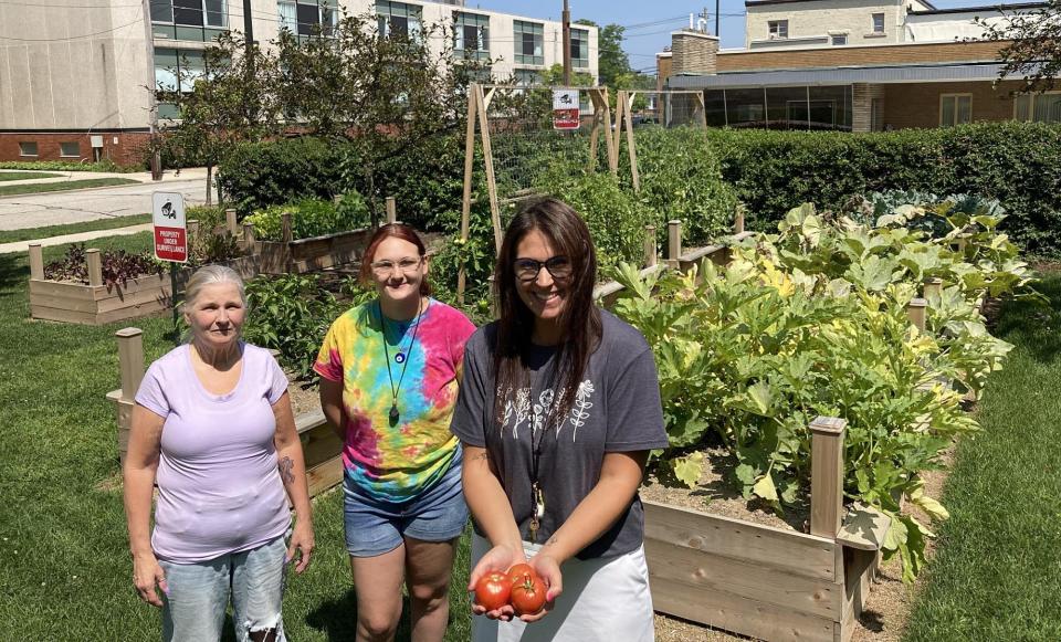 Domenica Babo, AHN Healthy Foods manager, holds three tomatoes grown in Saint Vincent Hospital's new garden. She is joined Wednesday by Lori Jones, 63, left, and Jones' granddaughter, Alivia Smith, 20, both of Erie. Jones and Smith have received produce from the garden.