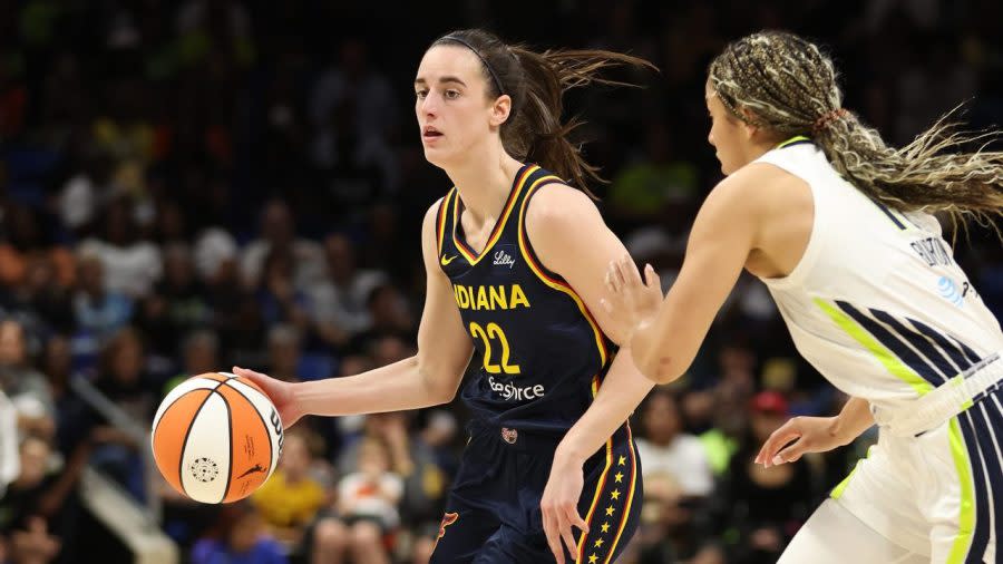 ARLINGTON, TEXAS – MAY 03: Caitlin Clark #22 of the Indiana Fever plays against the Dallas Wings during a pre season game at College Park Center on May 03, 2024 in Arlington, Texas. (Photo by Gregory Shamus/Getty Images)