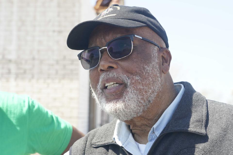 U.S. Rep. Bennie Thompson, D-Miss., speaks with reporters during a news conference, Sunday, March 26, 2023, in Rolling Fork, Miss., by a delegation of federal, state and local officials, following a tour of one of the areas affected by a tornado. (AP Photo/Rogelio V. Solis)