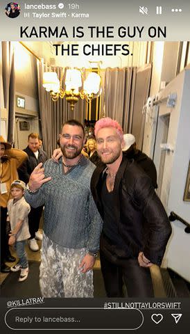 <p>lance bass/instagram</p> Lance Bass poses with Travis Kelce in a photo on his Instagram Story