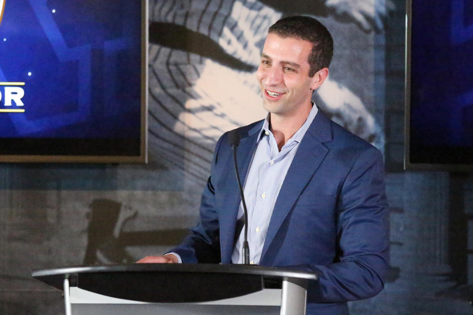 MILWAUKEE, WI - AUGUST 06: Milwaukee Brewers General Manager David Stearns speaks prior to a game between the Milwaukee Brewers and the Cincinnati Reds at American Family Field on August 6, 2022 in Milwaukee, WI. (Photo by Larry Radloff/Icon Sportswire via Getty Images)