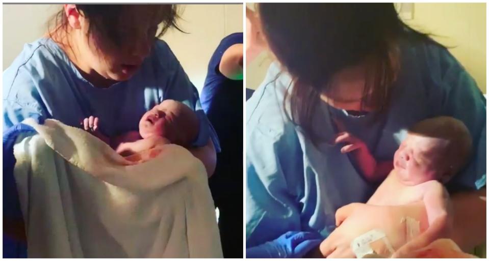 Despite being sweaty and out of breath Jessica made sure to capture the very moment her son Harrison entered into the world. Source: Instagram/ Jessica Hood