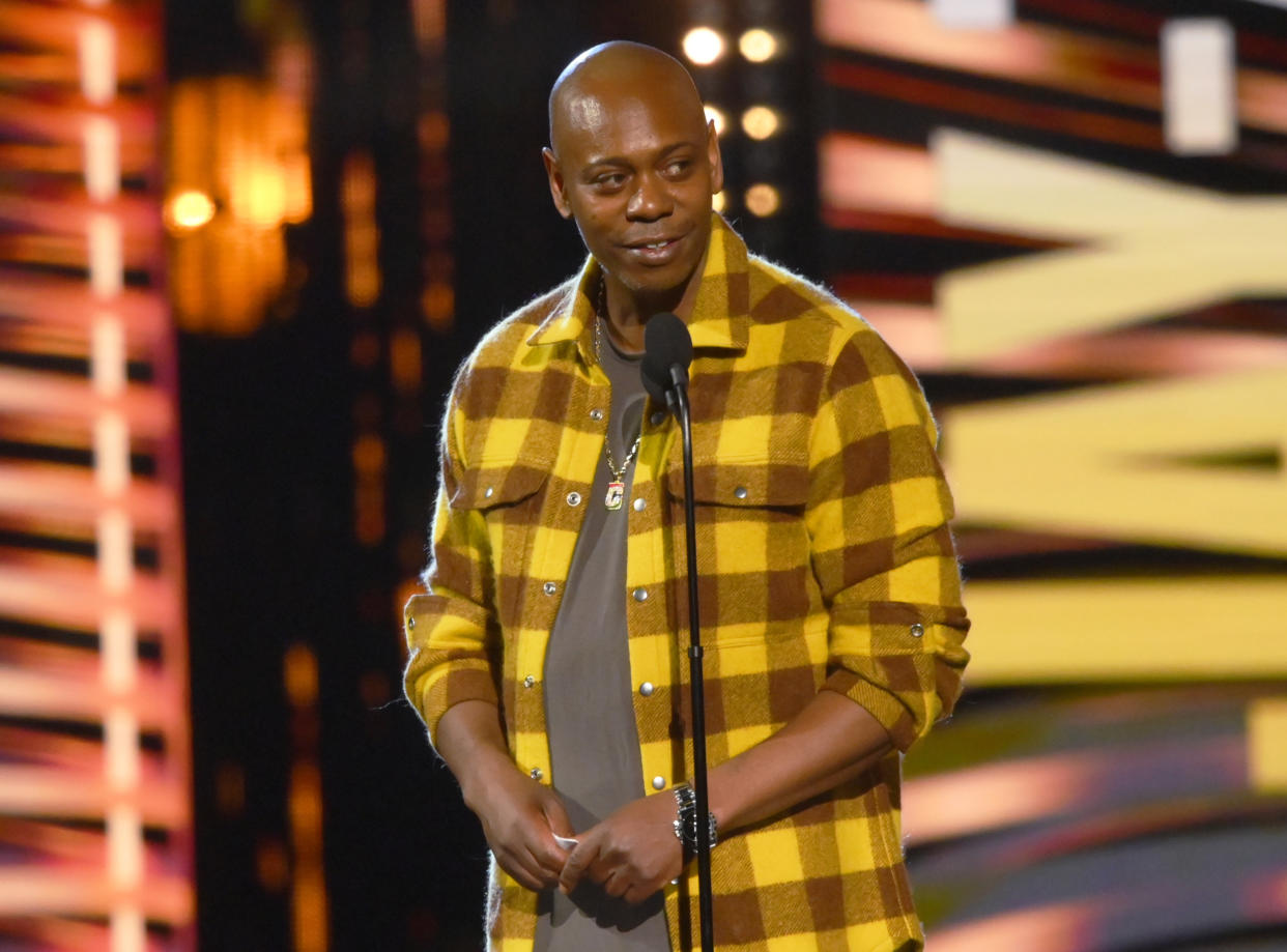 Dave Chappelle appears during the Rock & Roll Hall of Fame induction ceremony on Oct. 30, 2021, in Cleveland. (AP Photo/David Richard, File)