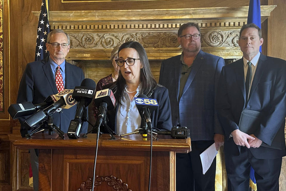 Wisconsin Right to Life Executive Director Heather Weininger speaks during a news conference Tuesday, Sept. 26, 2023, at the state Capitol in Madison, Wis. Weininger was one of a number of leaders of anti-abortion organizations who called for prosecutors in Dane and Milwaukee counties to enforce a state law that conservatives maintain bans abortion. (AP Photo/Todd Richmond)