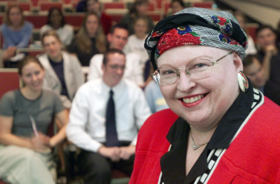 FILE - Sarah Weddington, who is battling breast cancer, stands in one of the classrooms where she teaches at the University of Texas, in Austin, Texas on Oct. 25, 2001. Weddington, who at 26 successfully argued the landmark abortion rights case Roe v. Wade before the U.S. Supreme Court, died Sunday, Dec. 26, 2021. She was 76. (AP Photo/Harry Cabluck, File)