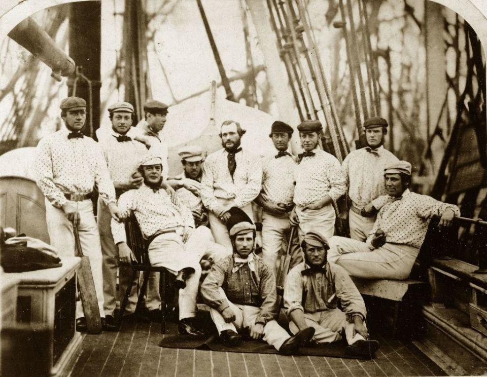 England's 12 'Champion Cricketers' on board a ship at Liverpool bound for America. Back row (from left to right): Carpenter, Caflyn, Lockyer, Wisden (seated), Stephenson, G Parr, Grundy, Cesar, Hayward and Jackson. Seated at front: Diver (left) and John Lillywhite