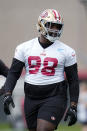 San Francisco 49ers defensive tackle Javon Hargrave stands on the field during an NFL football practice, Wednesday, June 7, 2023, in Santa Clara, Calif. (AP Photo/Godofredo A. Vásquez)