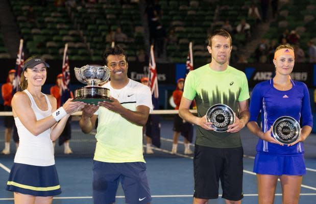 Nestor and Paes were on opposite sides of the net in the Australian Open mixed doubles final. They will now reportedly team up in men's doubles. (Xinhua/Bai Xue/IANS)