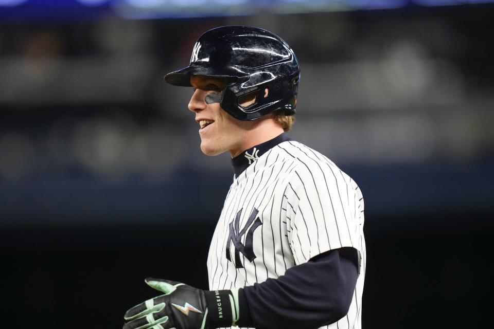 New York Yankees' Harrison Bader reacts after hitting a single during the eighth inning of a baseball game against the Cleveland Guardians Tuesday, May 2, 2023, in New York. The Yankees won 4-2. (AP Photo/Frank Franklin II)