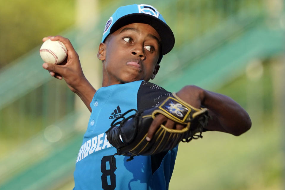 Curacao starting pitcher Davey-Jay Rijke (8) delivers a pitch against Nicaragua during the fourth inning of a baseball game at the Little League World Series tournament in South Williamsport, Pa., Wednesday, Aug. 24, 2022. Curacao won 7-2. (AP Photo/Tom E. Puskar)