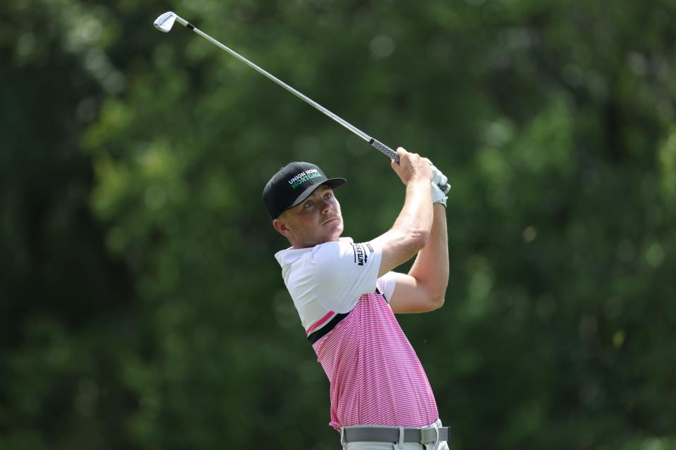 Luke Clanton of the United States plays his shot from the seventh tee during the first round of the Wyndham Championship at Sedgefield Country Club on August 09, 2024 in Greensboro, North Carolina. (Photo by Isaiah Vazquez/Getty Images)