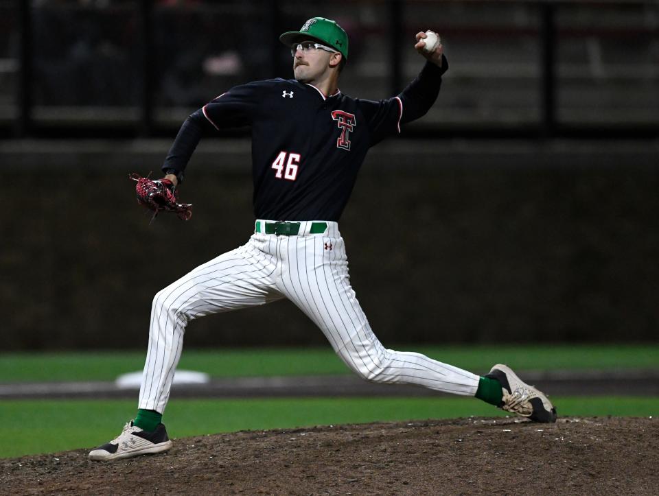 Texas Tech pitcher Ryan Free (46), shown in a game last year, made his season debut Saturday in the Red Raiders' game against Nebraska in Arlington.