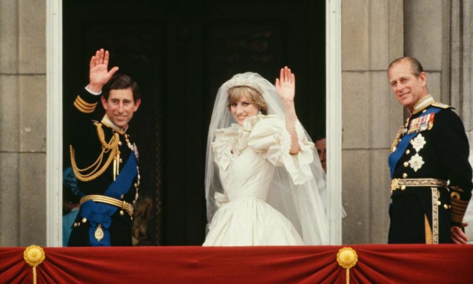 Prince Charles, Diana and Prince Philip on the balcony of Buckingham Palace after the couple's wedding