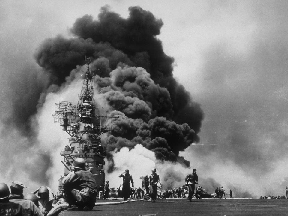 A photo of the fall out after a kamikaze plane strike in May 1945 near Okinawa.