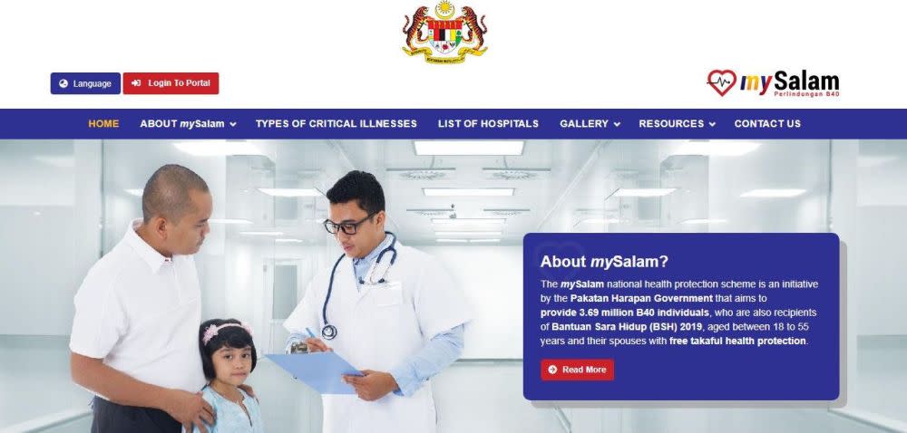 A screenshot of the MySalam health insurance website. The Finance Ministry said that the non-profit takaful scheme is offered by the government for eligible recipients from the low-income B40 group which will benefit approximately 3.8 million individuals.