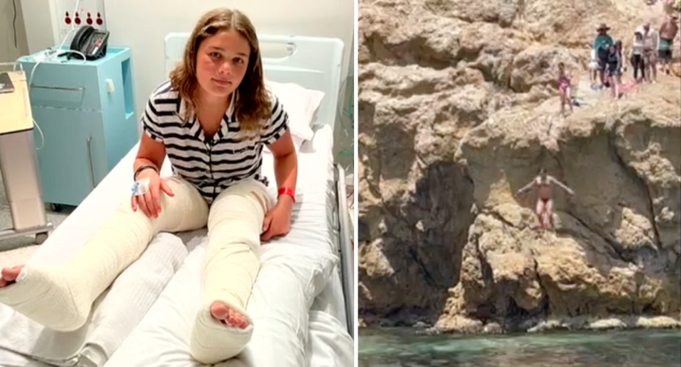 Left, Sarah Jacka in a hospital bed with both legs in a cast. Right, she is captured mid jump before landing in the water. 