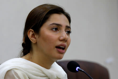 Pakistani actor Mahira Khan speaks to condemn the killing of a ten-year-old girl, who was abducted and killed in Islamabad, also demanding for the implementation of Life Skilled Based Education (LSBE) curriculum for schools, during a news conference in Karachi, Pakistan May 23, 2019. REUTERS/Akhtar Soomro