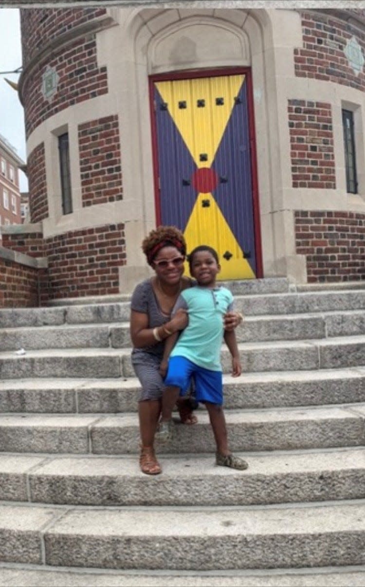 Marilyn Mathieu of Maplewood and her son, Hugh, posing in front of the Harvard Lampoon building during a trip to Boston during the weekend of  August 15,  2020.