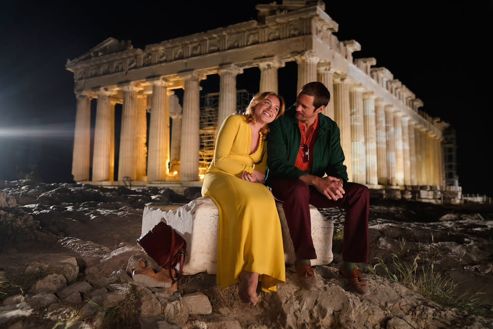 Florence Pugh and Alexander Skarsgard get cosy in Athens in <em>The Little Drummer Girl</em> (Picture: BBC)