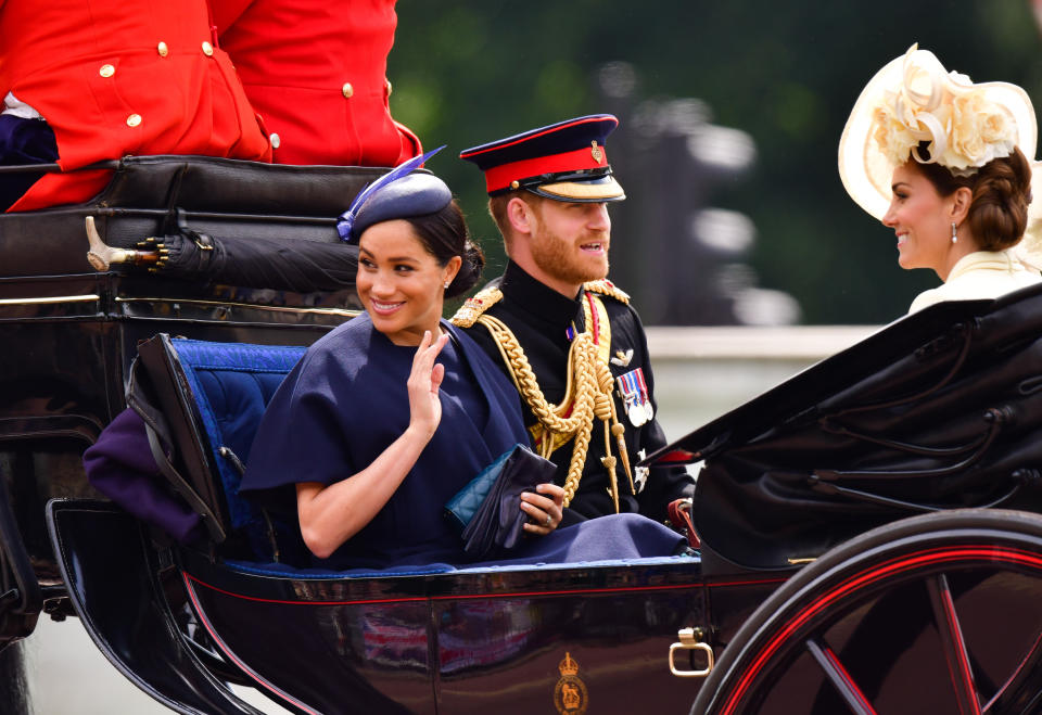 LONDON, ENGLAND - JUNE 08:  Meghan, Duchess of Sussex, Prince Harry, Duke of Sussex and Catherine, Duchess of Cambridge leave Buckingham Palace in a carriage during Trooping The Colour, the Queen's annual birthday parade, on June 8, 2019 in London, England.  (Photo by James Devaney/Getty Images)