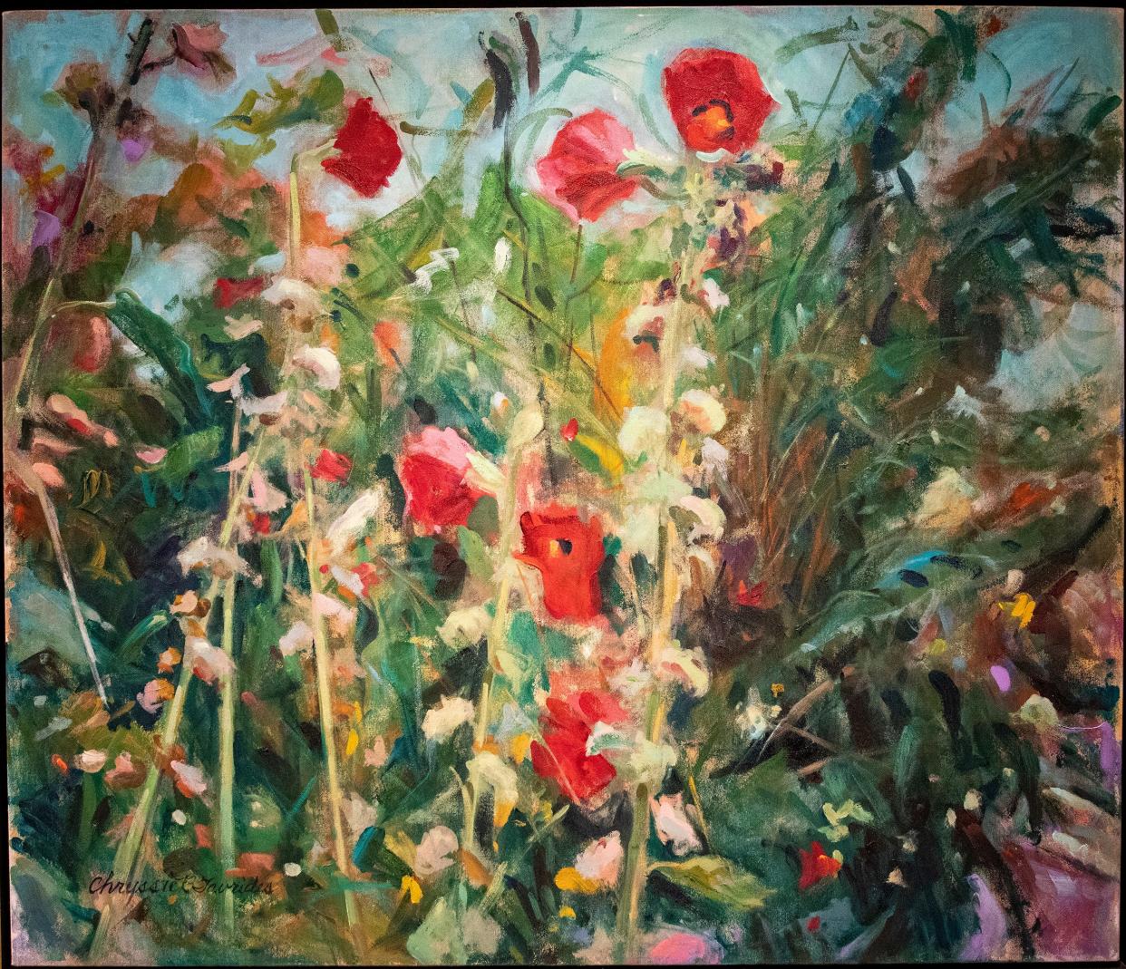 Hollyhocks/1996 by Chryssie Bilder Tavrides at the Polk Museum of Art in Lakeland Fl  Tuesday January 24,2023.Chryssie Bilder Tavrides, a 94-year-old artist who used to do portraits for everyone in Lakeland, but has also a large cache of other work.Ernst Peters/The Ledger