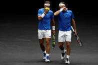 Tennis - Laver Cup - 2nd Day - Prague, Czech Republic - September 23, 2017 - Rafael Nadal and Roger Federer of team Europe in action against Jack Sock and Sam Querrey of team World. REUTERS/David W Cerny