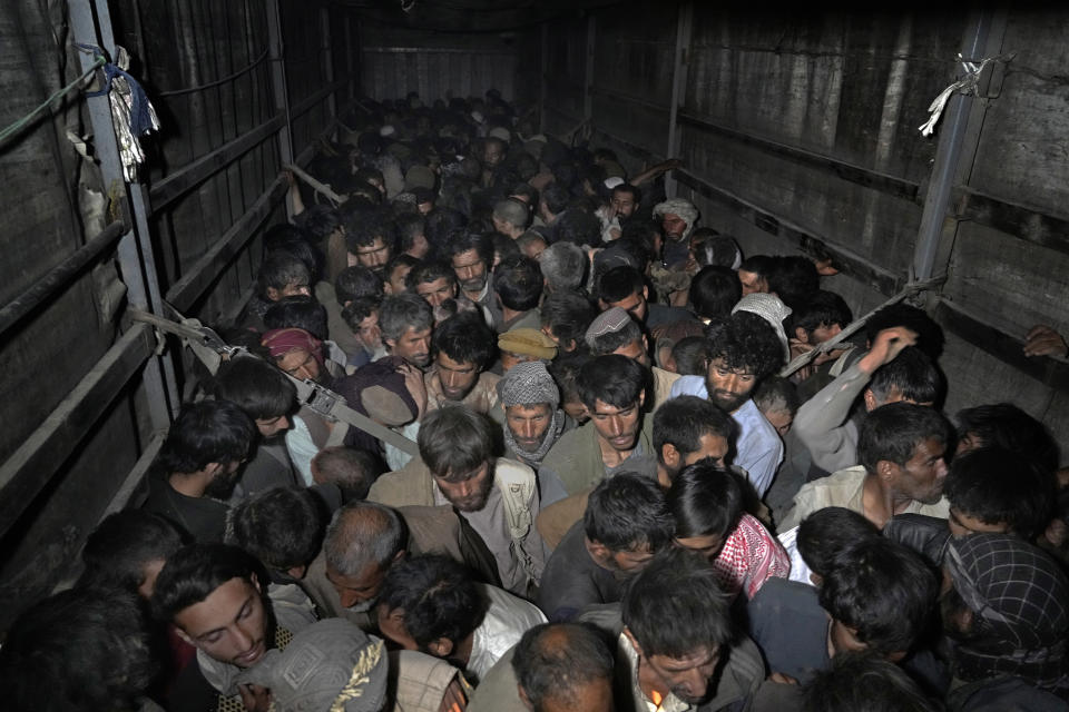 Afghan drug addicts who were rounded up during a Taliban raid are waiting in a truck to be taken to a drug treatment camp, in Kabul, Afghanistan, Thursday, June 2, 2022. Drug addiction has long been a problem in Afghanistan, the world’s biggest producer of opium and heroin. The ranks of the addicted have been fueled by persistent poverty and by decades of war that left few families unscarred. (AP Photo/Ebrahim Noroozi)