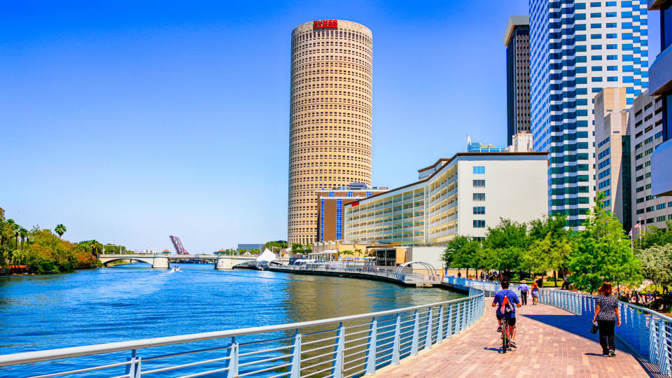 People on the Riverwalk in downtown Tampa FL.