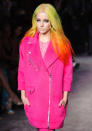 <b>London Fashion Week AW13: Moschino Cheap & Chic AW13</b><br><br>Neon pink coats and rainbow hair made for a hugely colourful show at LFW AW13 today.<br><br>©Rex<br>