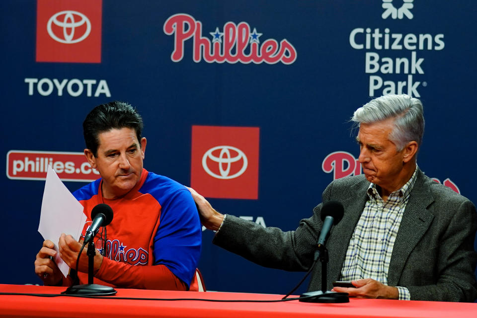 Philadelphia Phillies president of baseball operations Dave Dombrowski, right, and Phillies interim manager Rob Thomson take part in a news conference in Philadelphia, Friday, June 3, 2022. Joe Girardi was fired by the Phillies on Friday, after his team's terrible start, becoming the first major league manager to lose his job this season. (AP Photo/Matt Rourke)