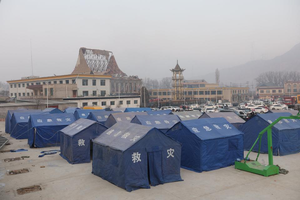 Tents are set up for people evacuated after an earthquake in Dahejia, Jishishan County (AFP via Getty Images)