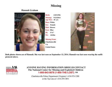 Hannah Graham, 18, a University of Virginia student missing since the weekend, is shown in this missing persons poster released by Charlottesville Police Dept. in Charlottesville, Virginia September 18, 2014. REUTERS/Charlottesville Police Dept./Handout