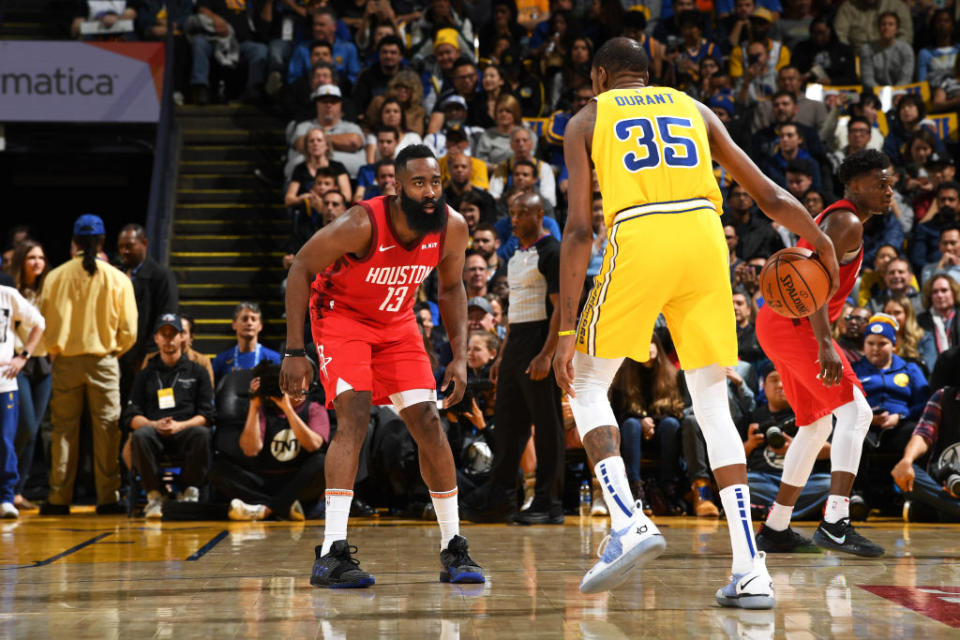 Who will be selected first in the NBA All-Star draft: The Beard or The Durantula? (Photo by Noah Graham/NBAE via Getty Images)