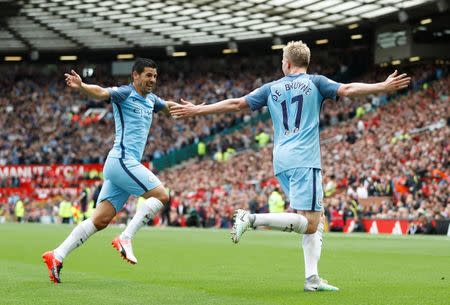 Britain Soccer Football - Manchester United v Manchester City - Premier League - Old Trafford - 10/9/16 Manchester City's Kevin De Bruyne celebrates scoring their first goal with Nolito Action Images via Reuters / Carl Recine/ Livepic