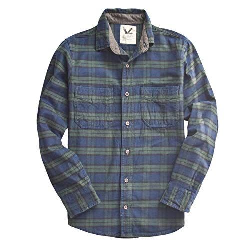 15) Men's Flannel Shirt Two-ply 100% Cotton Pre Washed Vintage Look Plaid Work Shirt (Navy-Green, XL)