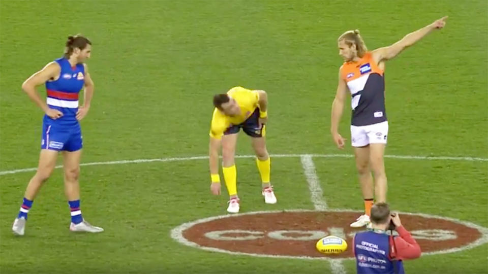 Seen here, GWS and the Western Bulldogs meet for the pre-game coin toss.