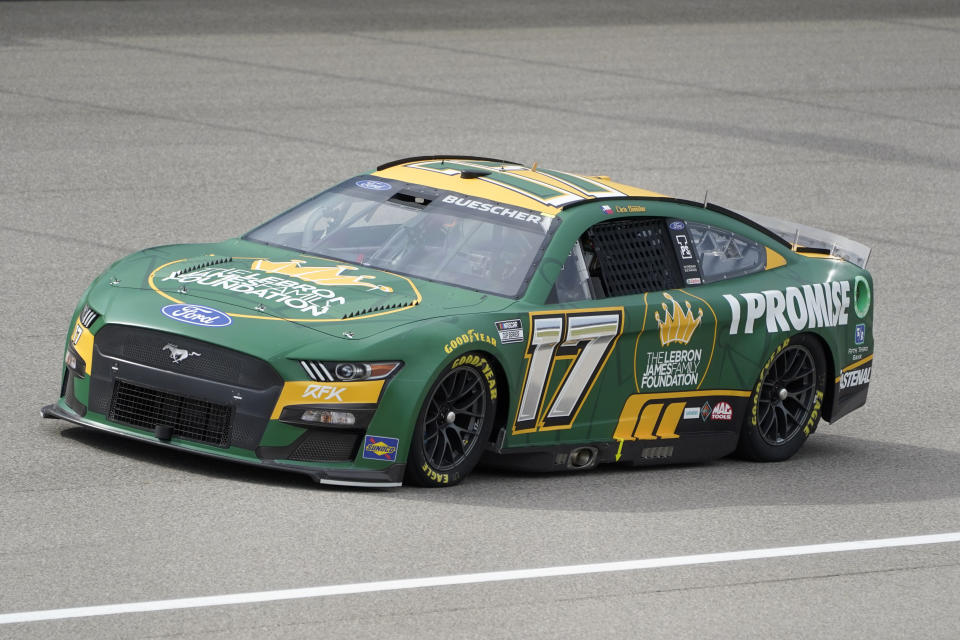 Chris Buescher (17) runs in the NASCAR Cup Series auto race at the Michigan International Speedway in Brooklyn, Mich., Sunday, Aug. 7, 2022. (AP Photo/Paul Sancya)