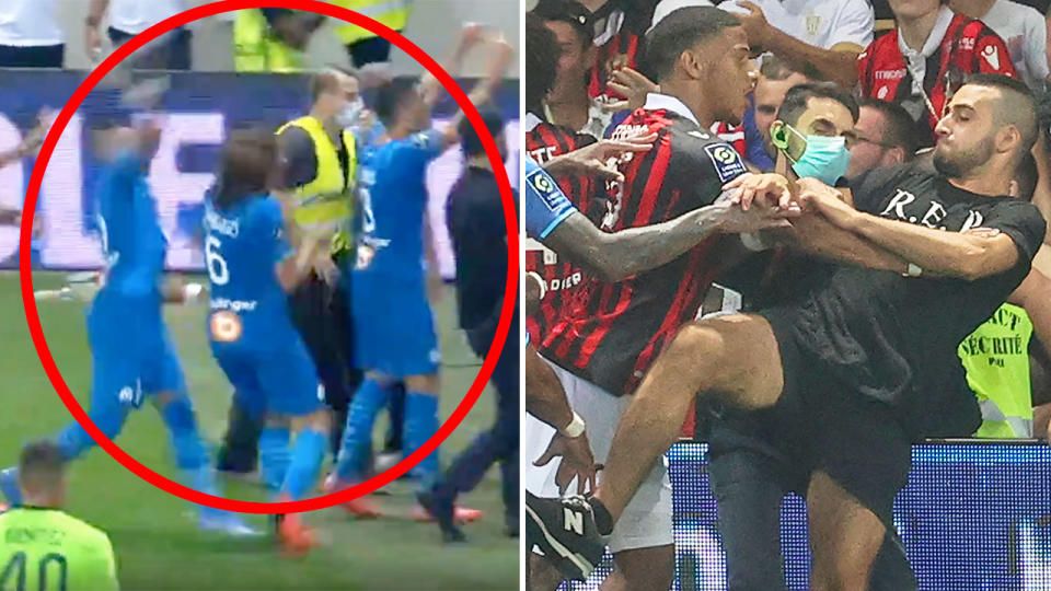 Pictured here, the ugly scenes that marred the Nice match against Marseille.