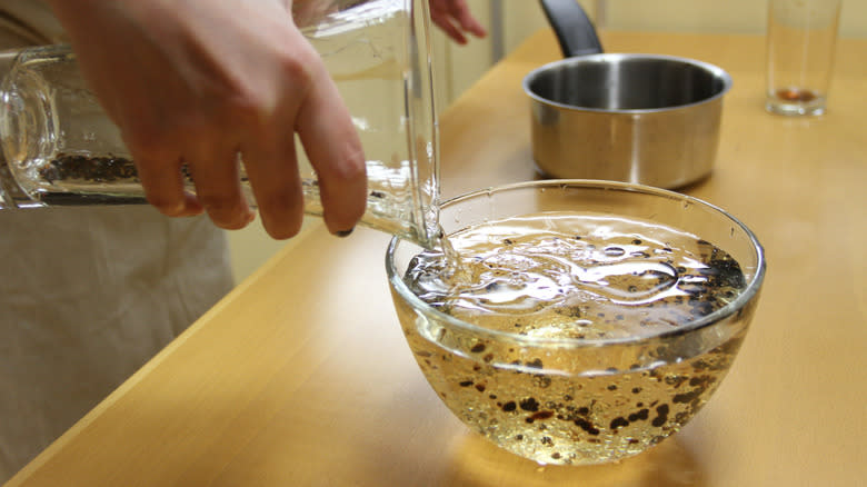 Balsamic vinegar spheres in bowl