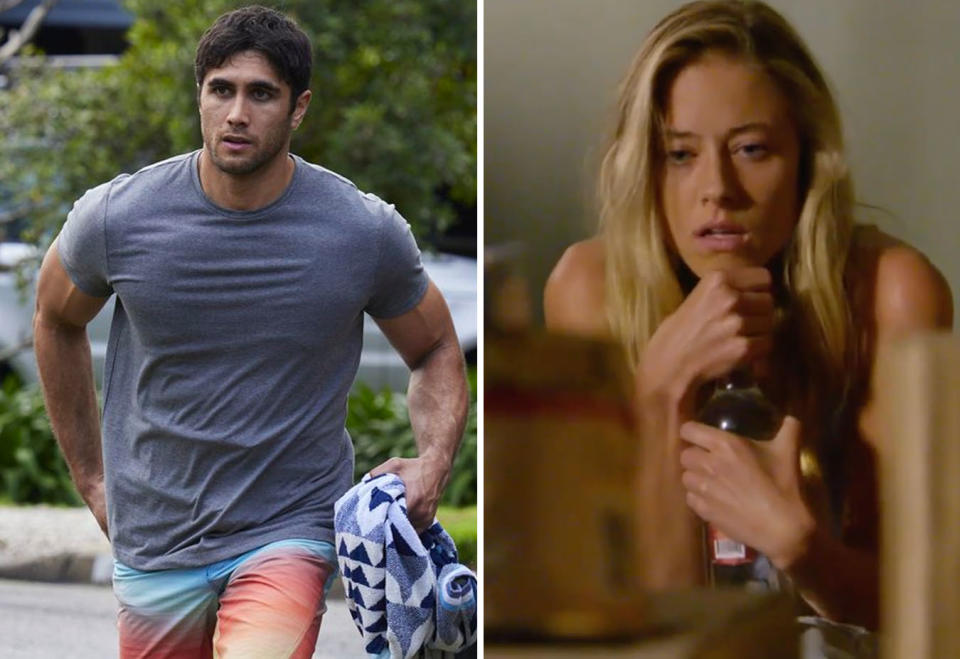 L: Tane looks worried. R: Felicity clutches a bottle of alcohol on Home and Away
