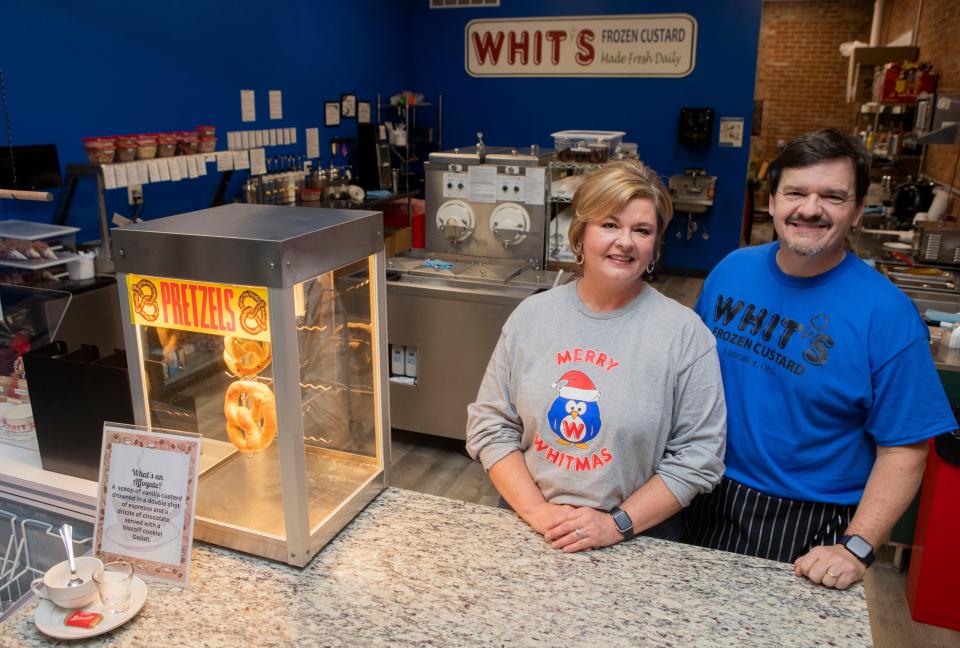 Christy and John Jones stand in the kitchen of new Whit's Frozen Custard location in downtown on December 11, 2023, in Lancaster, Ohio.