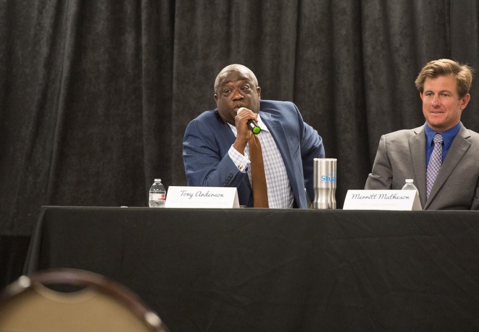 Martin County School Board's Tony Anderson answers a question about busing rule changes during the NAACP of Martin County's Community Empowerment Panel at the 10th Street Community Center in Stuart on Thursday, July 18, 2019, to discuss law enforcement and other community concerns.