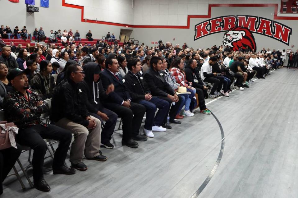 About 100 family members, friends and supporters of the seven farmworkers who died in a Feb. 23 crash on a rural Madera County Road attended a Mass and funeral service at the Kerman High School multi-purpose room on March 9, 2023.
