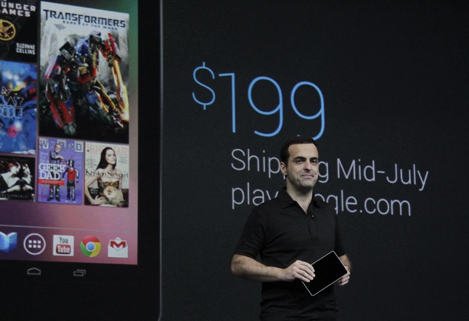 Hugo Barra, Director of Google Product Management holds up the new Google Nexus7, that will sell for $199 and be available in mid-July, at the Google I/O conference in San Francisco, Wednesday, June 27, 2012. The tablet will have a screen that measures 7 inches diagonally, smaller than the nearly 10 inches on Apple Inc.’s popular iPad. That means it’s more likely to challenge Amazon.com Inc.’s Kindle Fire, which is also 7 inches. (AP Photo/Paul Sakuma)