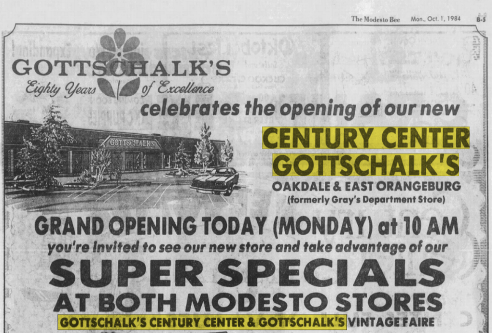 An advertisement for the grand opening of Gottschalks in Modesto’s Century Center in The Modesto Bee on Oct. 1, 1984.